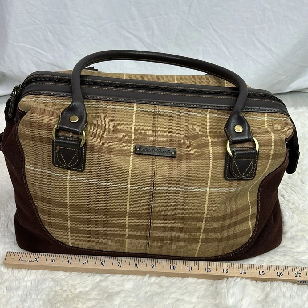 Eddie Bauer Classic Vintage Plaid Traveler Bag Luggage  Leather Trim & H…